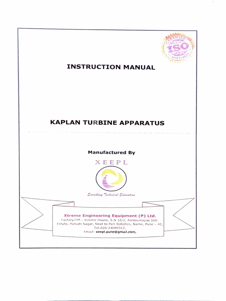 Kaplan Turbine Apparatus Manual | PDF | Pump | Pressure Measurement