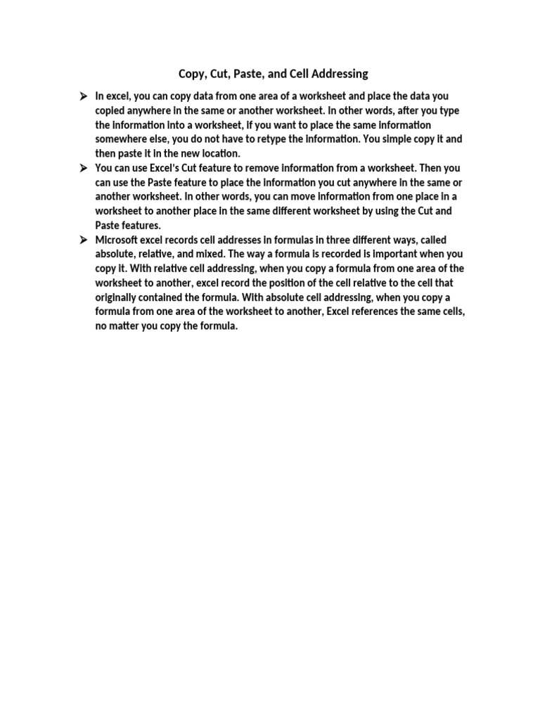 Copy, Cut, Paste, and Cell Addressing | PDF