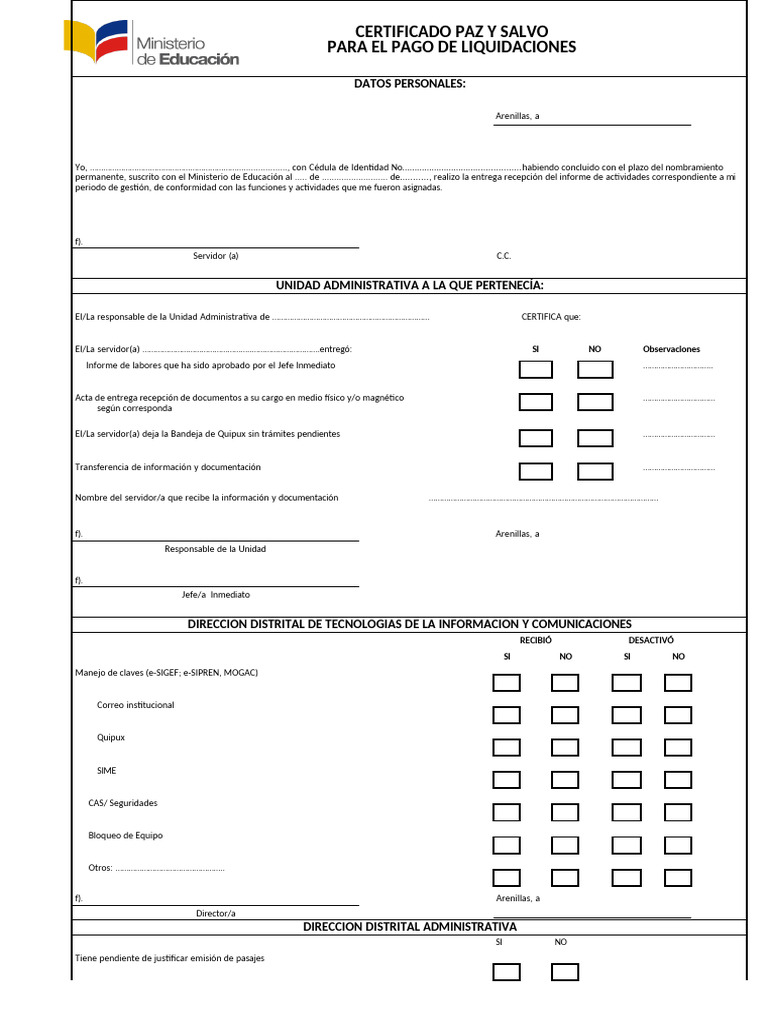 Certificado de Paz y Salvo para Liquidaciones | PDF
