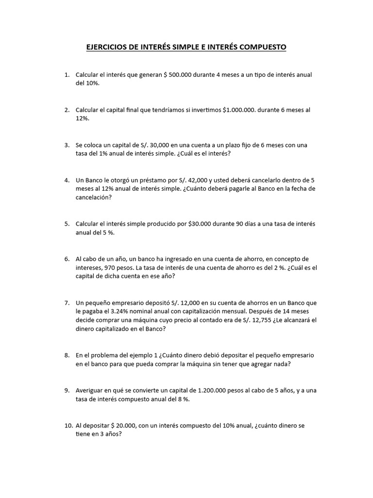 Ejercicios de Interés Simple y Compuesto | PDF