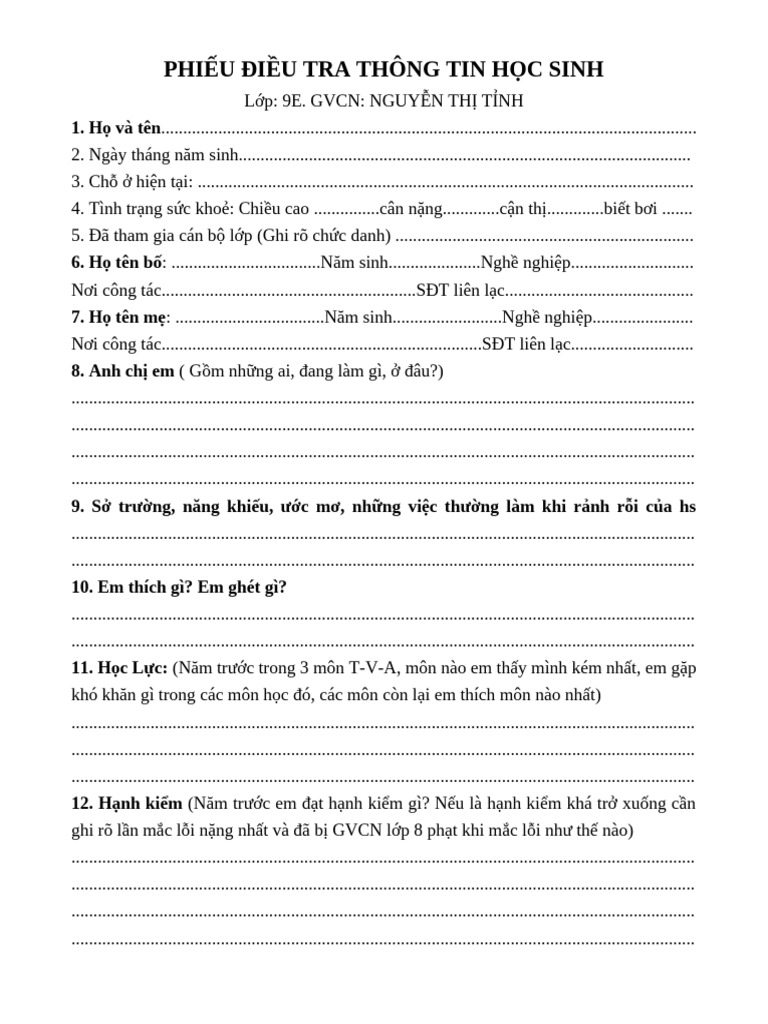 PHIẾU ĐIỀU TRA THÔNG TIN HỌC SINH | PDF