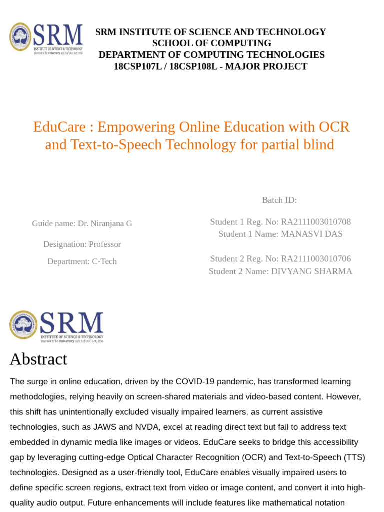 EduCare: OCR & TTS for Blind Learners | PDF | Optical Character ...