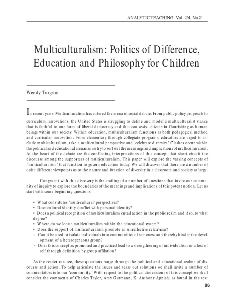 Multiculturalism Politics Of Difference Education And Philosophy For