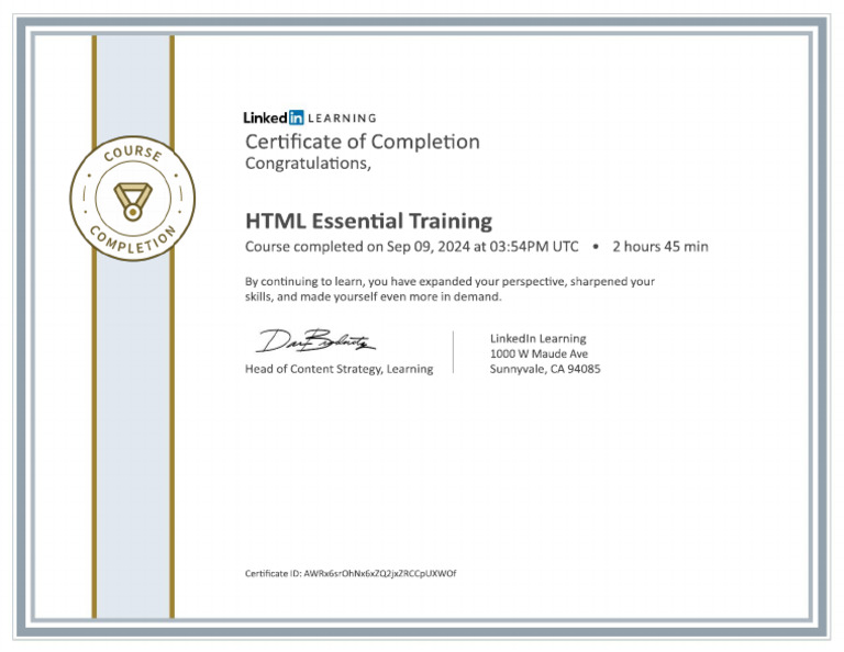 CertificateOfCompletion - HTML Essential Training | PDF