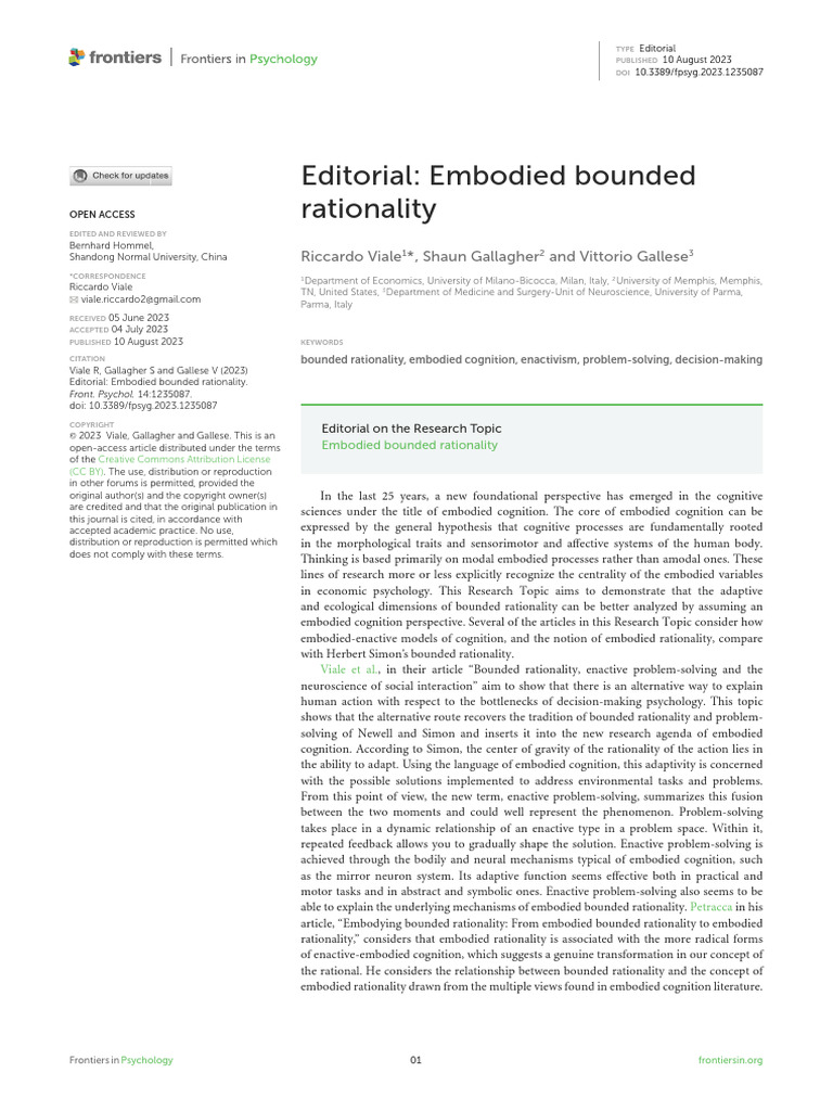 Editorial Embodied Bounded Rationality | PDF | Embodied Cognition ...