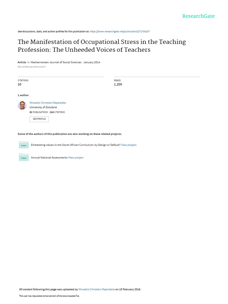 The Manifestation of Occupational Stress in The Te | PDF | Teachers ...