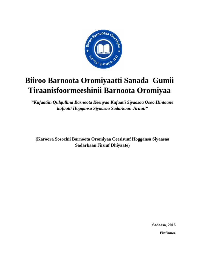 Biiroo Barnoota Oromiyaatti Sanada Gumii Tiraanisfoormeeshinii Barnoota ...