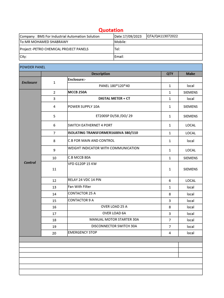 Quotation for Petrochemical Project Panels | PDF | Electrical Equipment ...