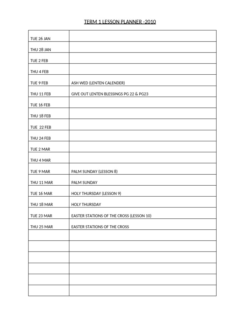 2010 Term 1 Lesson Planner | PDF