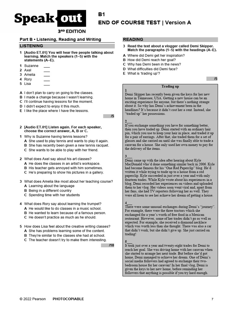 Speakout B1 End of Course Test | PDF | Firefighter