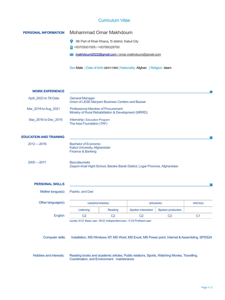 CV for | PDF | Afghanistan | Kabul