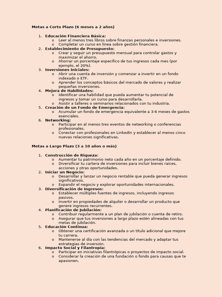 Metas Financieras: Corto y Largo Plazo | PDF | Inversiones | Presupuesto