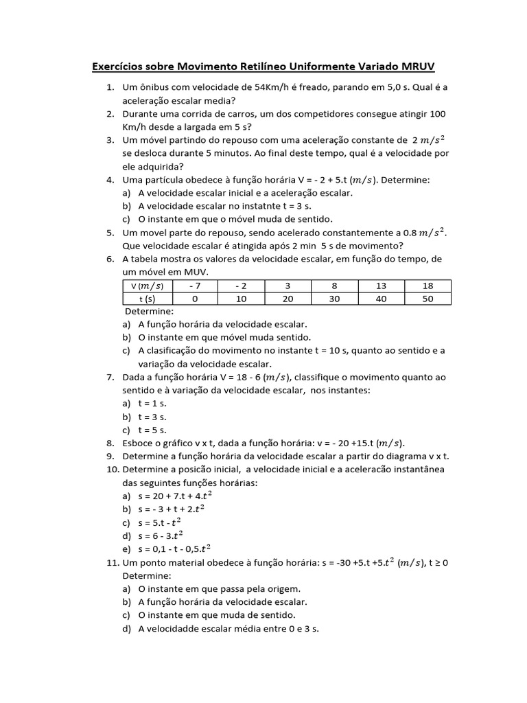 Exercícios de MRUV e MUV Resolvidos | PDF