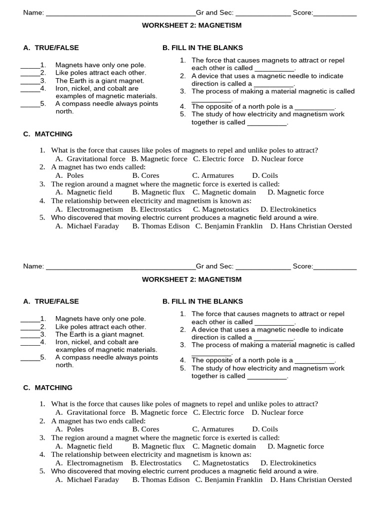 Magnetism Worksheet and Concepts | PDF | Magnetic Field | Magnet