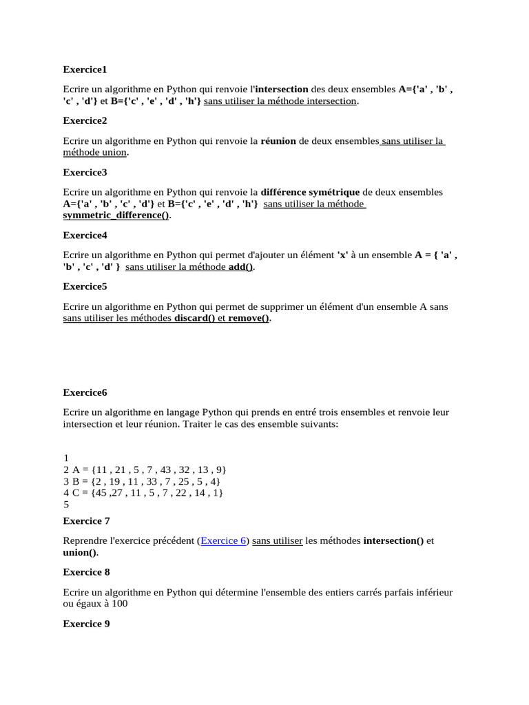 Algorithmes Python pour ensembles et mathématiques | PDF