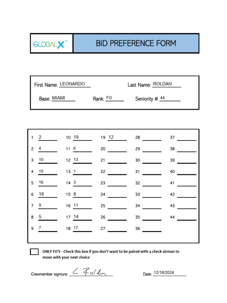 Bid Preference Form January Leonardo Roldan | PDF