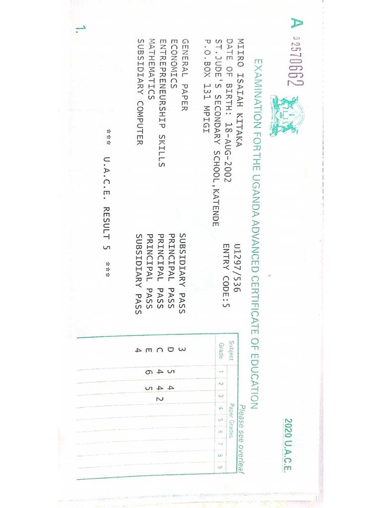 UACE Results Slip for Miiro Kitaka | PDF | Science | Educational Stages