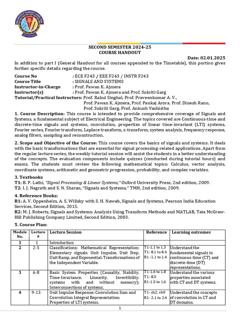 Signals and Systems Course Handout | PDF | Fourier Transform ...