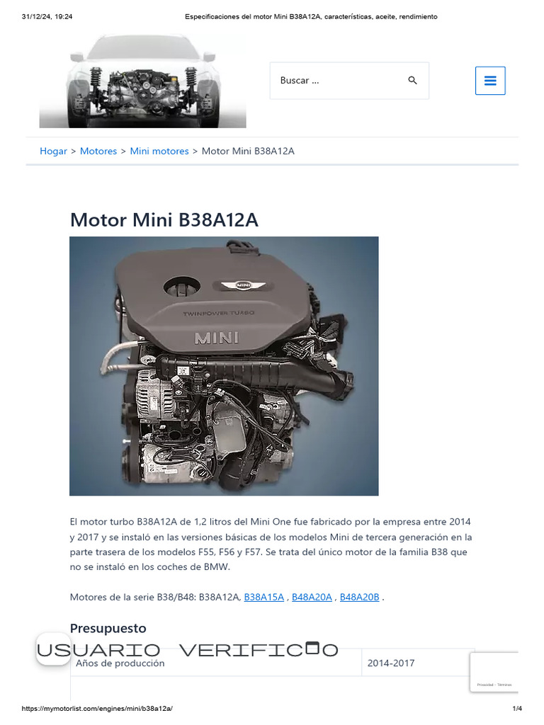 Especificaciones Del Motor Mini B38A12A, Características, Aceite ...