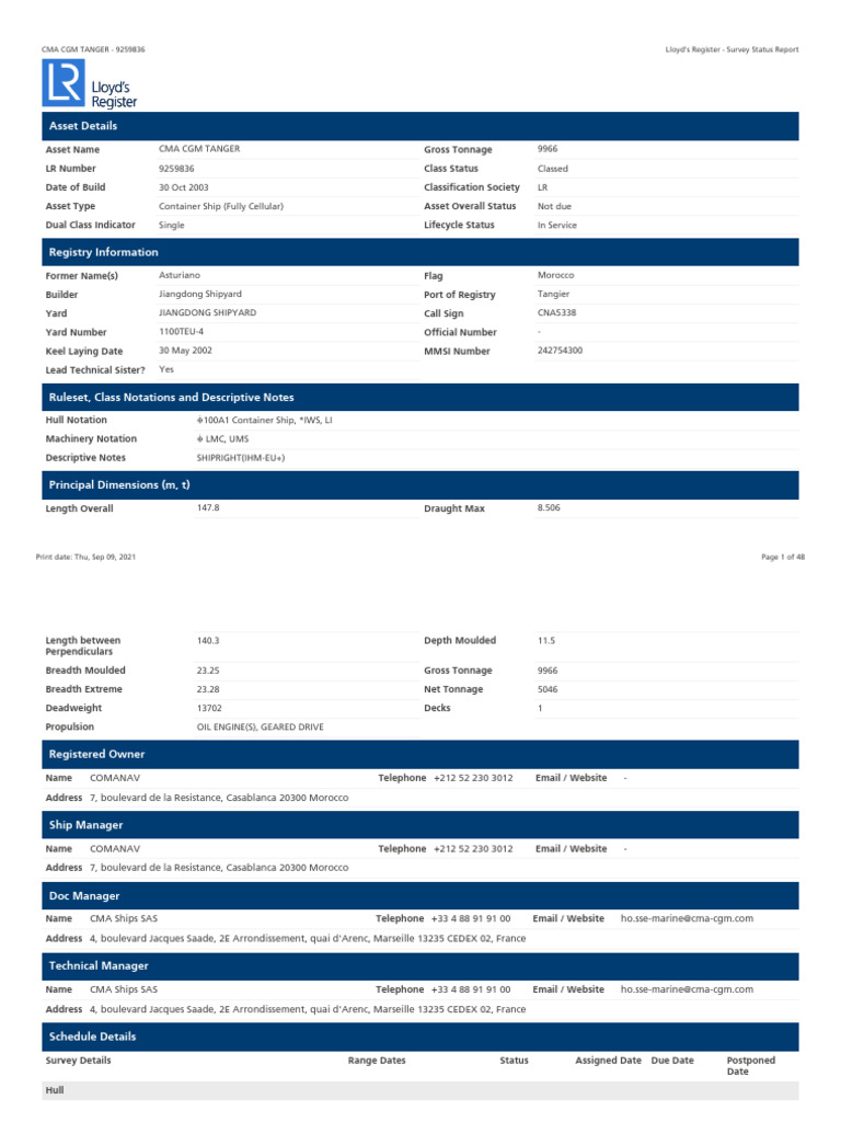 CMA CGM TANGER Survey Status Report | PDF | Ships | Tonnage