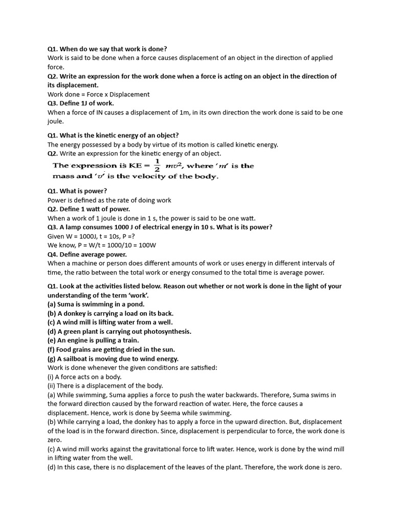 Work and Energy For Class 9 Cbse | PDF | Force | Power (Physics)