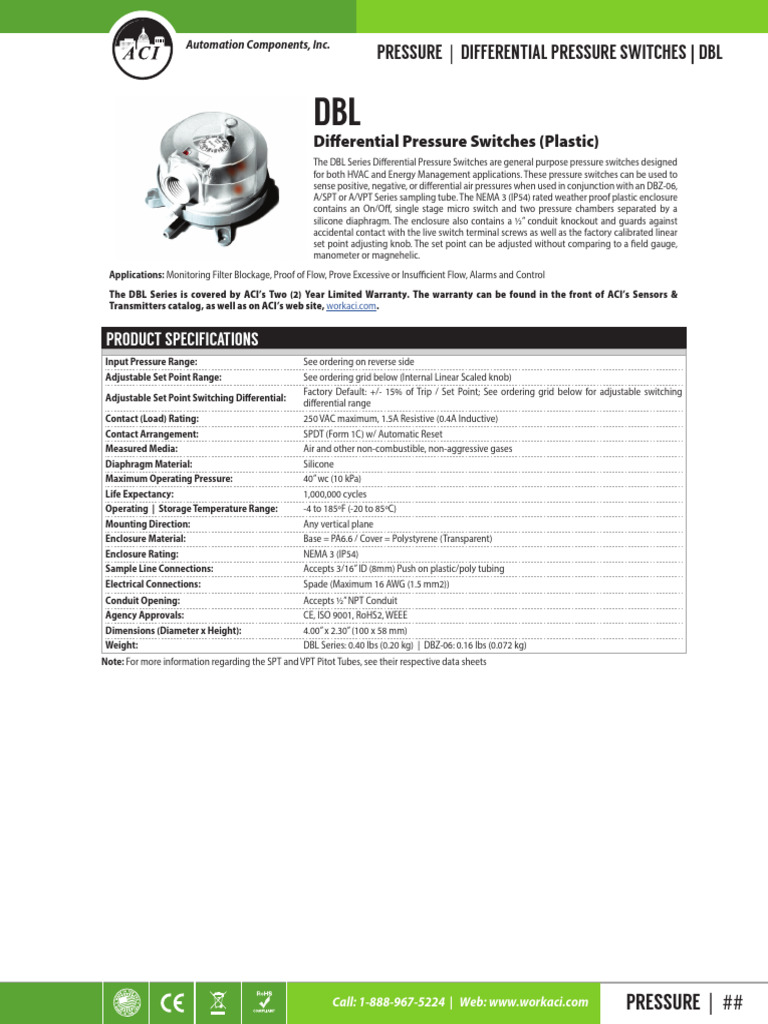 DBL Series Differential Pressure Switches | PDF | Pressure Measurement ...