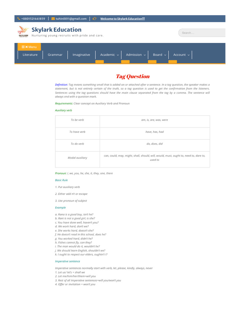 Tag Questions Explained at Skylark Education | PDF | Verb | Question