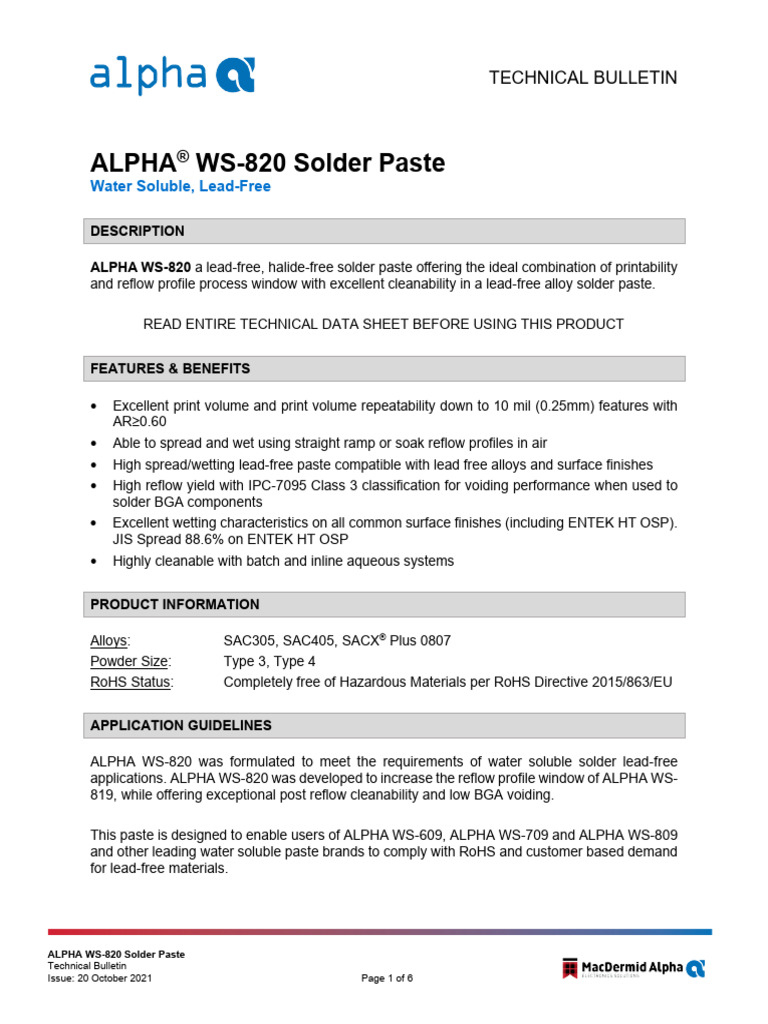 ALPHA WS 820 Solder Paste EN 20oct21 TB | PDF | Materials