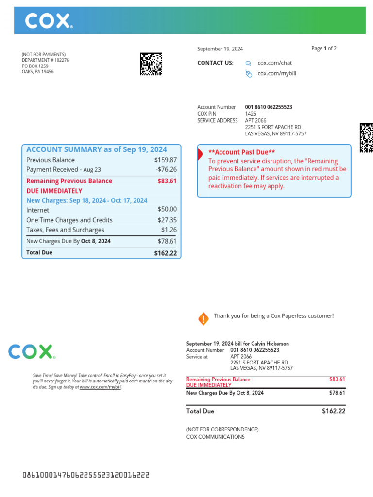 Cox Communications Bill Summary | PDF | Fee | Payments