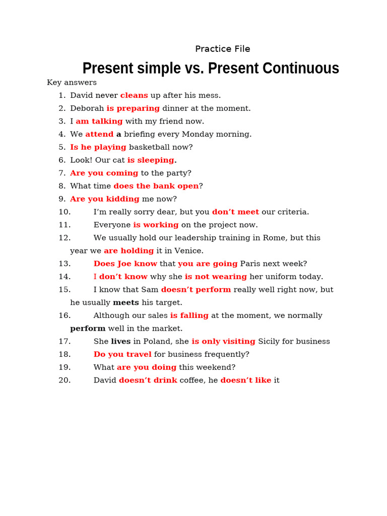 Present Simple vs. Continuous Exercises | PDF