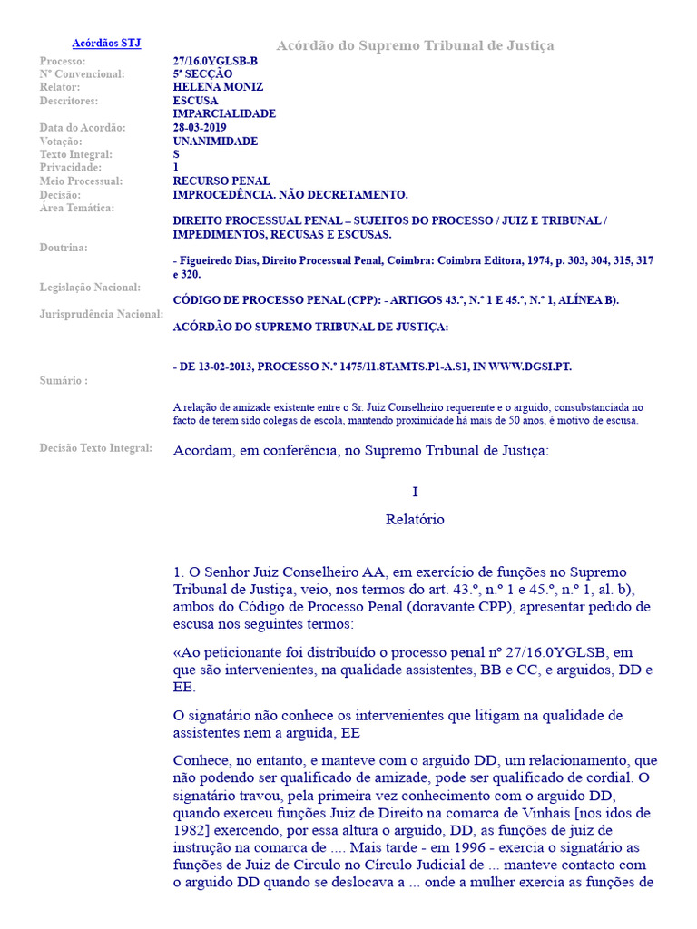 Acórdão Do Supremo Tribunal de Justiça Escusa 3 | PDF | Juiz | Processo ...
