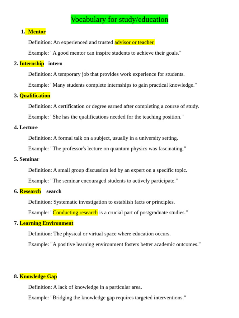 Vocabulary For Study Pdf Teachers Learning