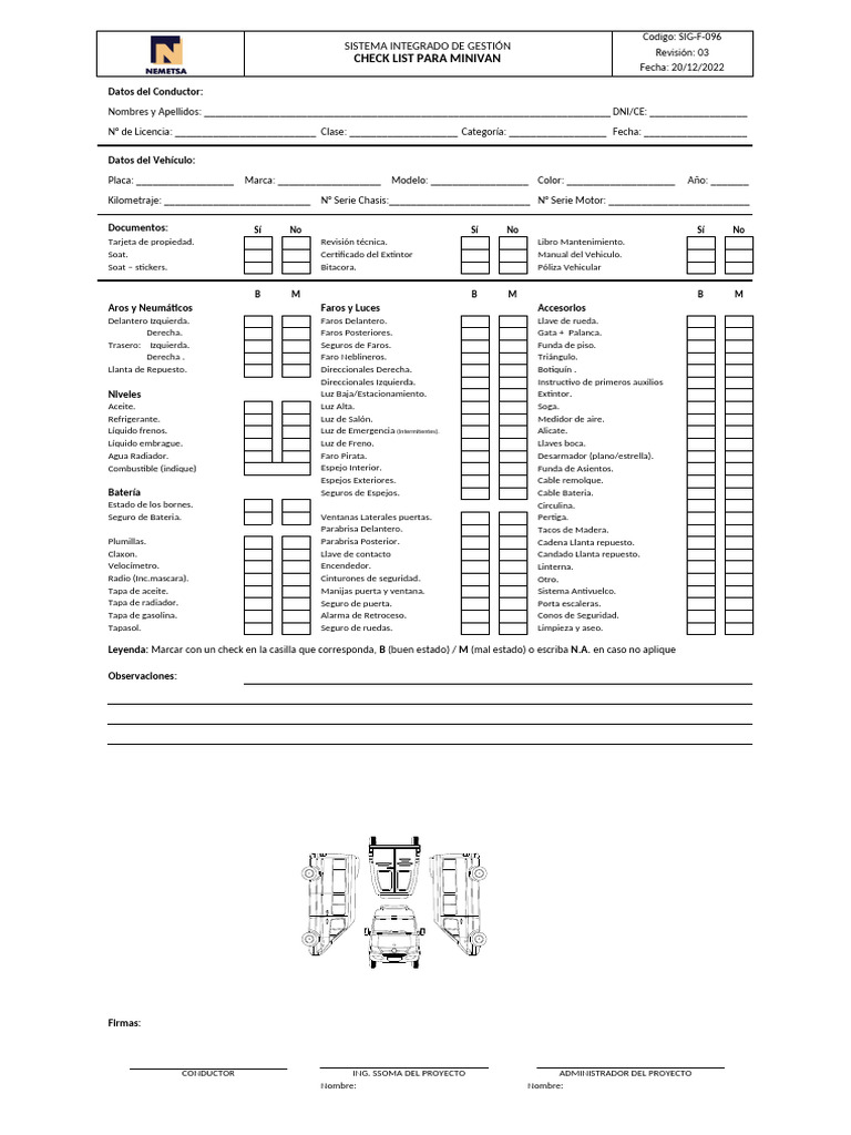 SIG-F-096 Check List Para Minivan_Rev.03 | PDF | Estilos de carrocería ...