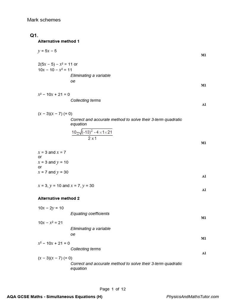 Simultaneous Equations (H) MS | PDF | Quadratic Equation | Mathematical ...