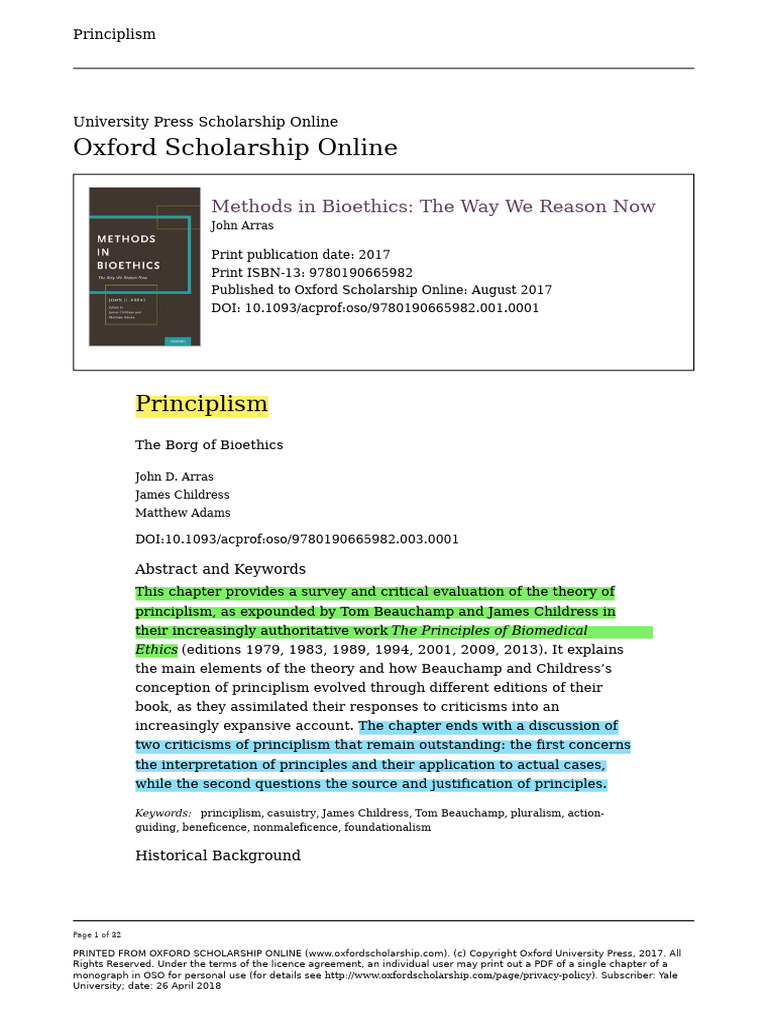 Annotated Article - Arras, Principalism in Bioethics - Clean | PDF ...