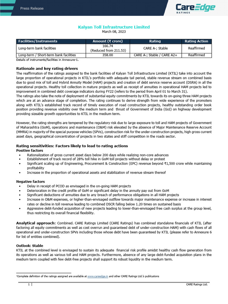 Kalyan Toll Infrastructure Limited PDF Loans Banks