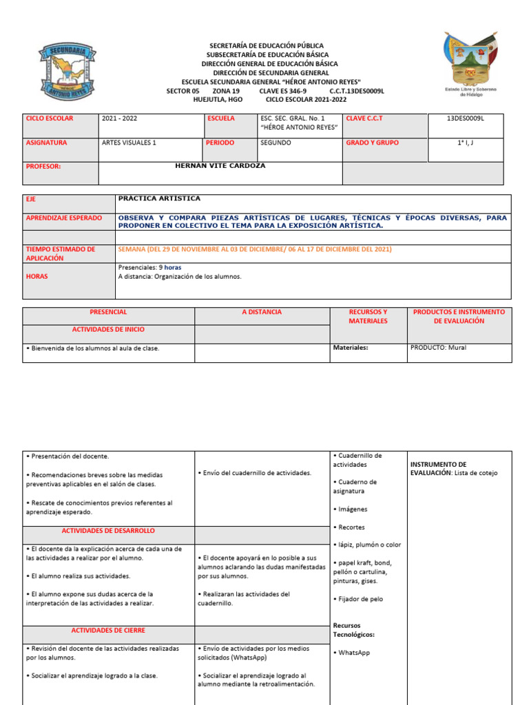 Plan de Clases de Artes Visuales 2021-2022 | PDF | Maestros | Educación ...