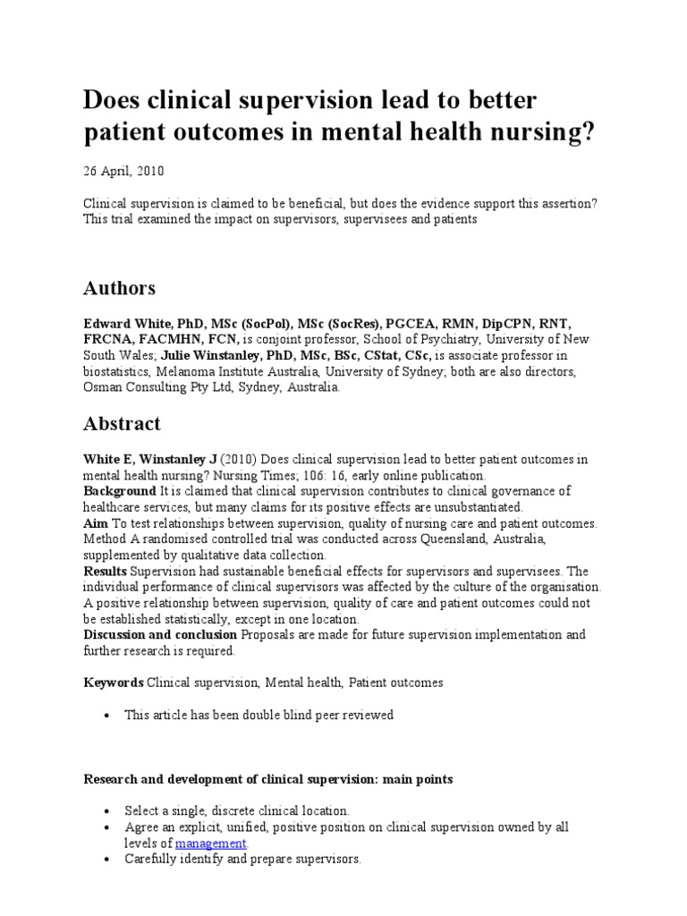 Does Clinical Supervision Lead to Better Patient Outcomes in Mental ...