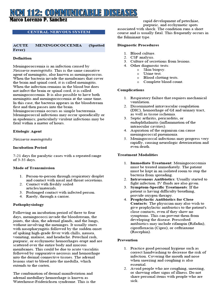 Communciable Diseases - 2nd Term | PDF | Meningitis | Infection