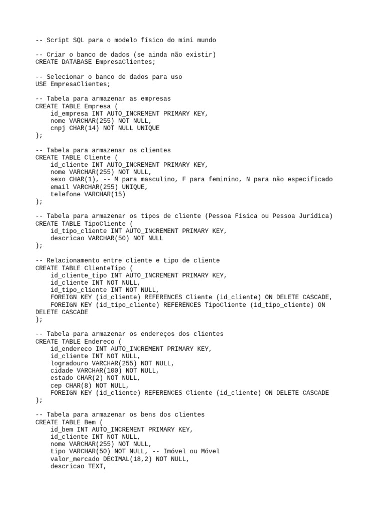 Script SQL para Banco de Dados de Clientes | PDF | Tabela (banco de ...