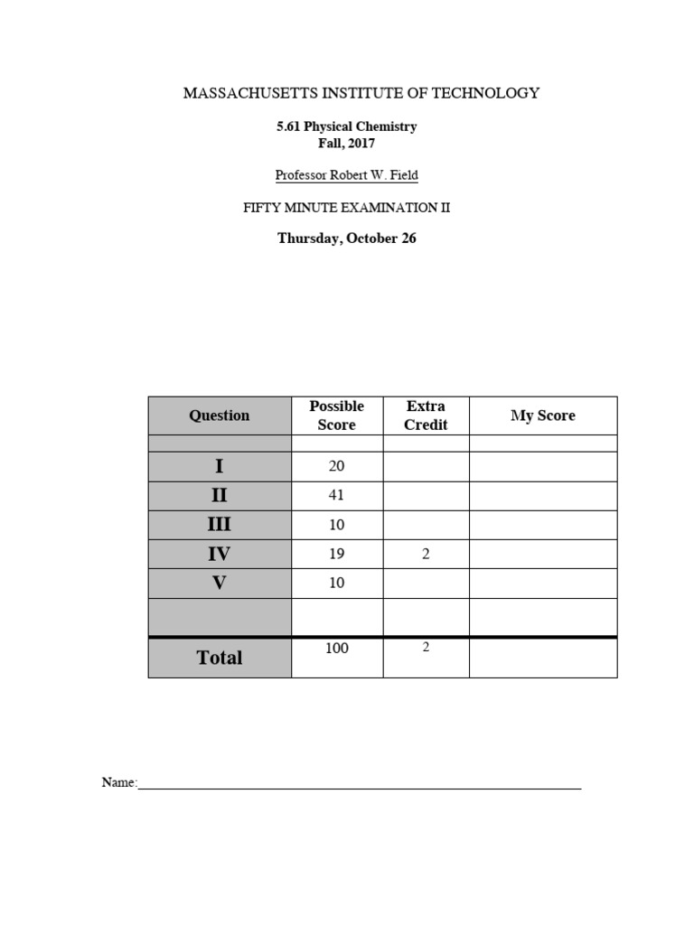 MIT 5.61 Physical Chemistry Exam II 2017 | PDF | Matrix (Mathematics ...