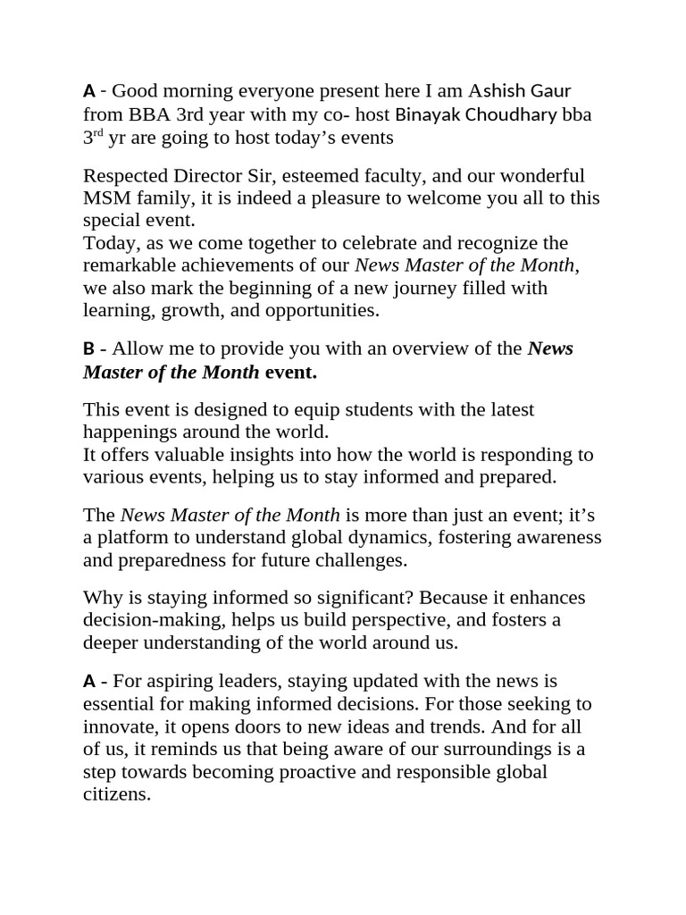 Script For News Master of The Month (1) - 1 | PDF
