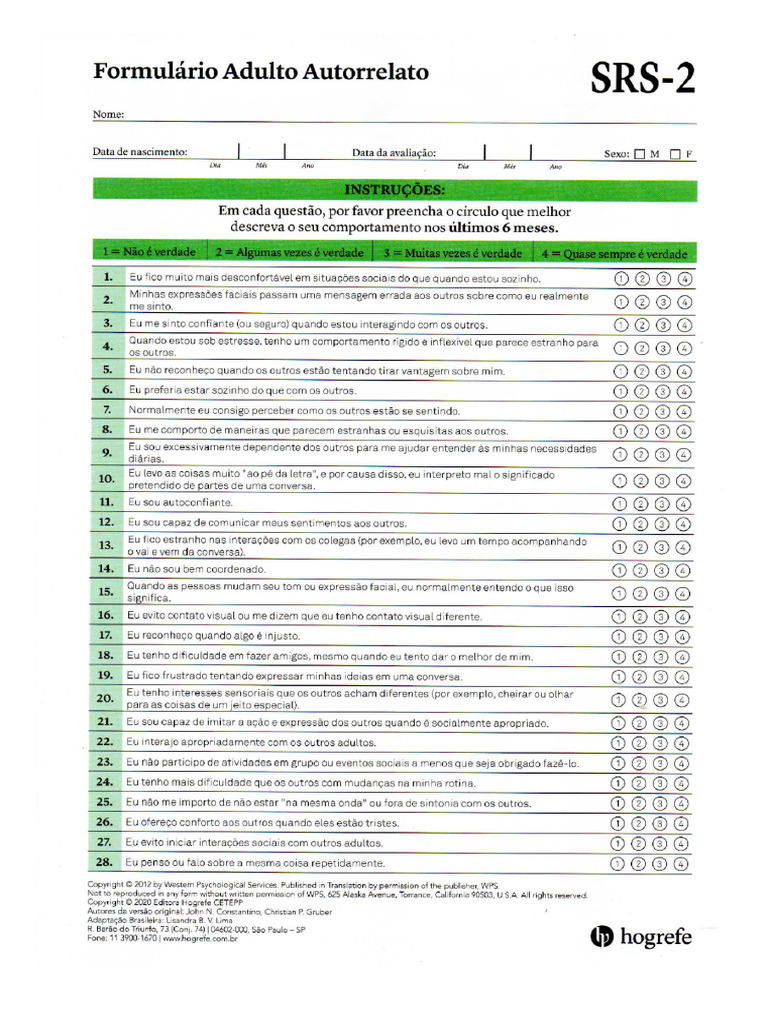 Formulario Adulto Autorrelato SRS2 | PDF