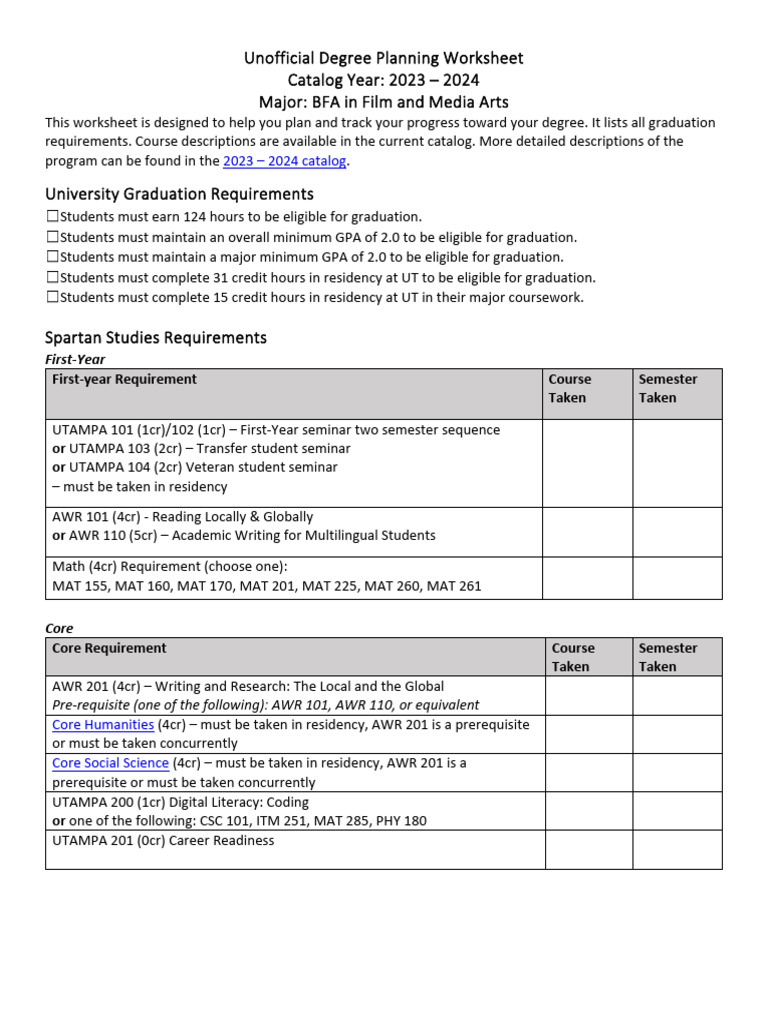 BFA Film & Media Arts Degree Plan | PDF | Course Credit