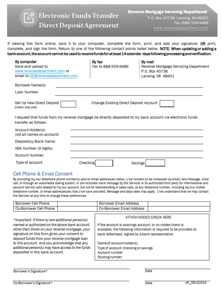 Electronic Fund Transfer Direct Deposit Agreement | PDF | Banks | Mortgages