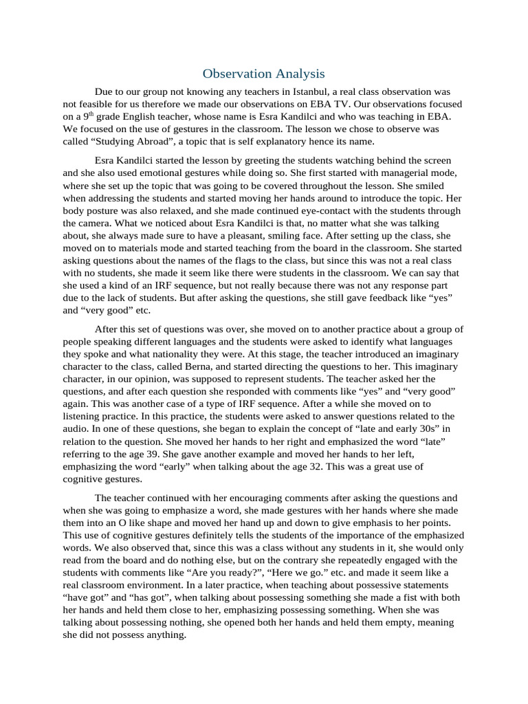 Observation Analysis 3 | PDF | Teachers | Gesture