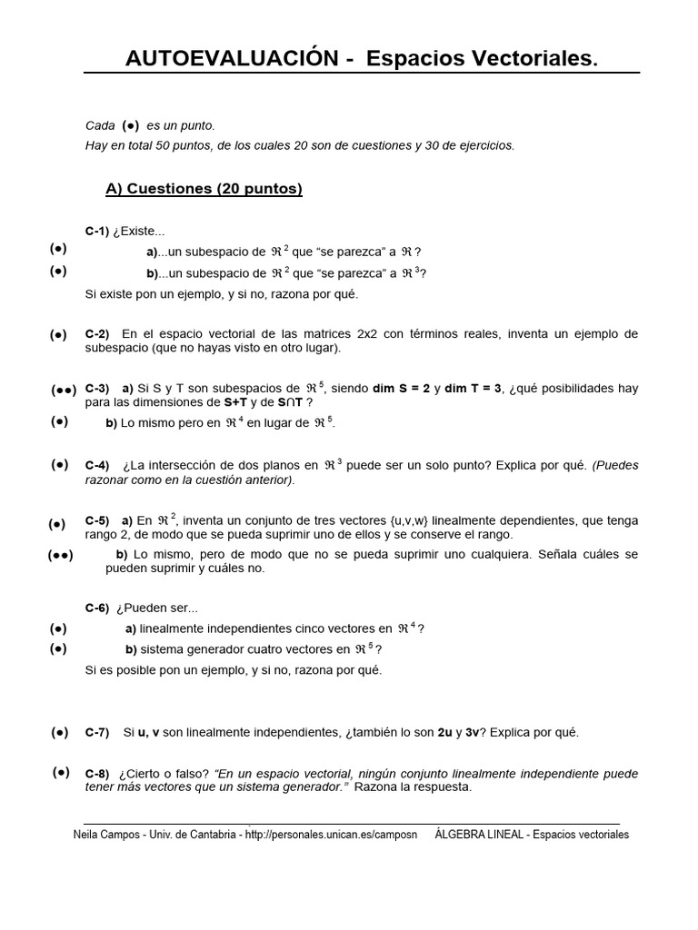 Autoevaluación de Espacios Vectoriales | PDF | Espacio vectorial | Base ...