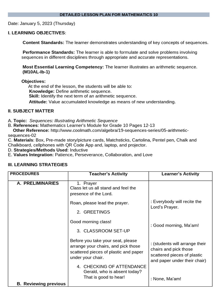 DETAILED LESSON PLAN FOR MATHEMATICS 10 ARITHMETIC SEQUENCE FINAL | PDF ...