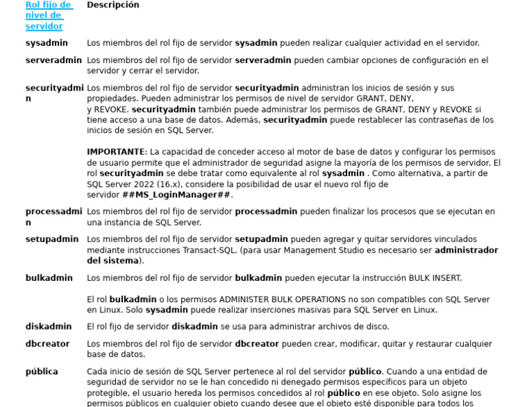 Roles fijos de servidor en SQL Server | PDF | Servidor SQL de Microsoft ...