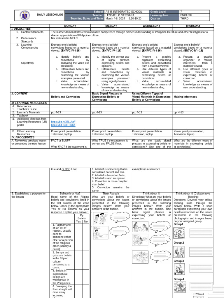 Grade 7 English Daily Lesson Log | PDF | Inference | Learning